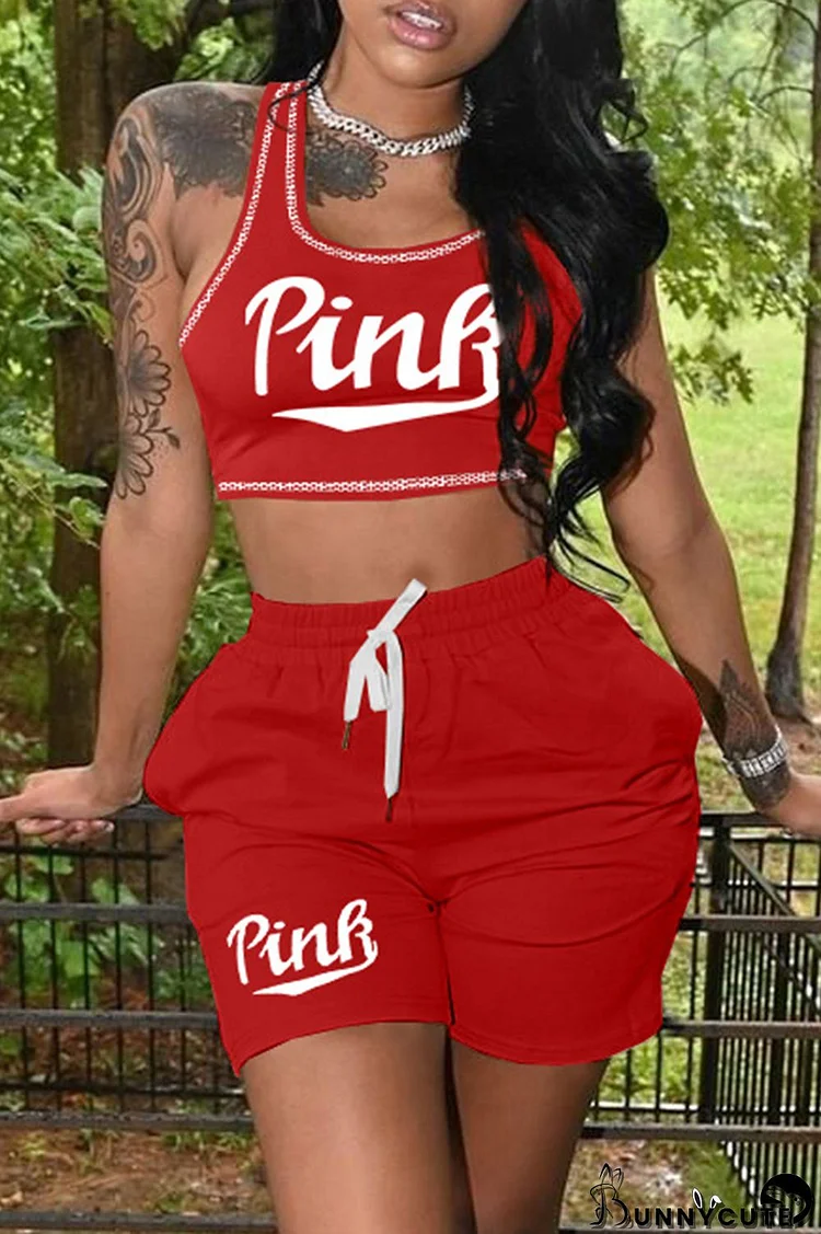 Red Fashion Casual Letter Print Basic U Neck Sleeveless Two Pieces