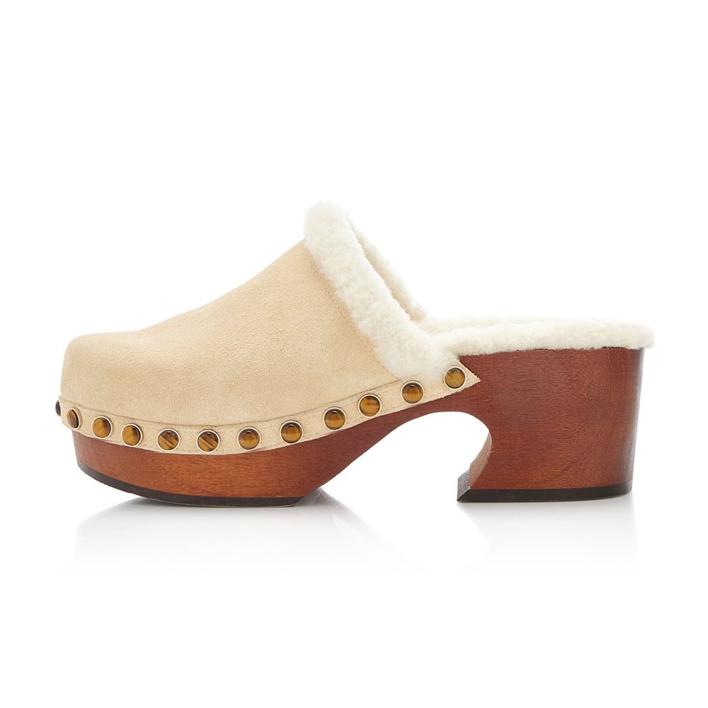Women's Nude Platform Clog Shoes Chunky Heel Mules with Studs