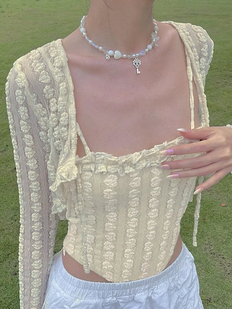 WannaThis Women Two Pieces Set Casual Sexy Floral Jacquard Long Sleeve Irregular Corset Korean Fashion Cami Streetwear 2022 Tops