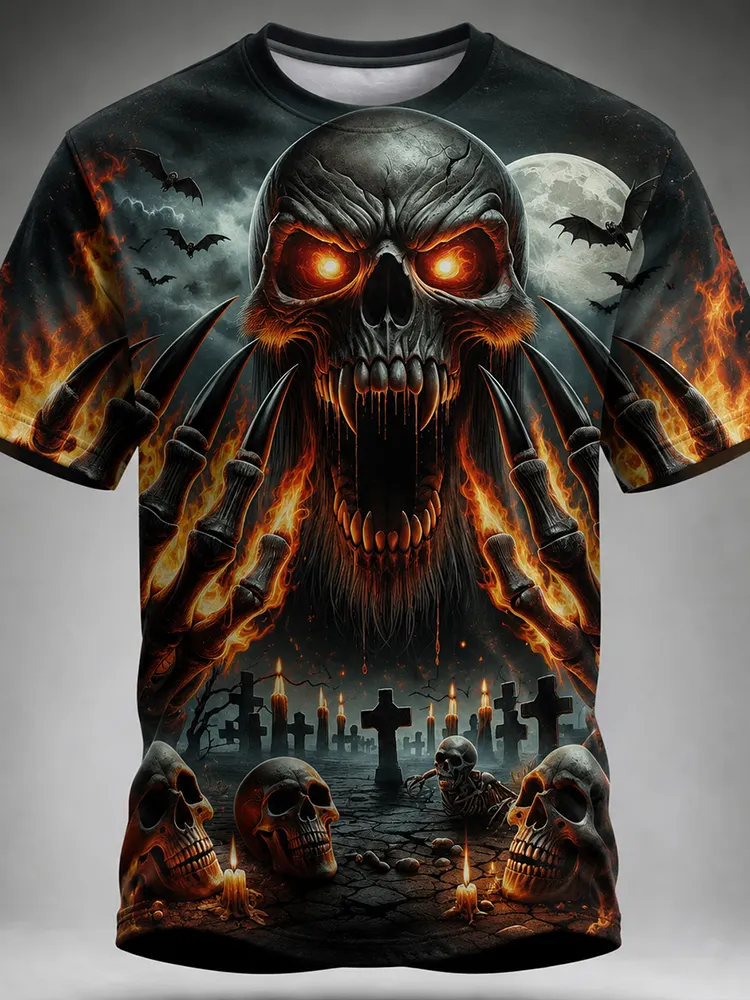 Men's Halloween Cemetery Roaring Skeleton Art Print Distressed Crewneck T-shirt