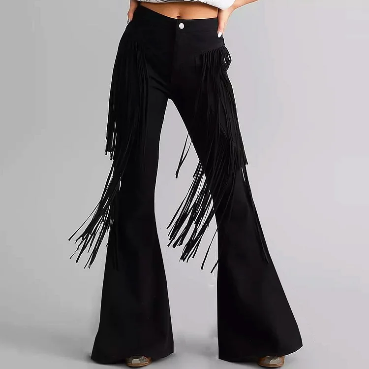 Boho Fringed High Rise Solid Color Flare Pants