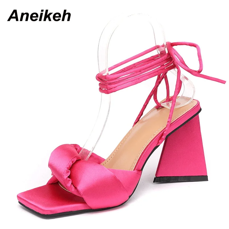 Aneikeh Sweet 2022 Summer Solid Women Shoes Silk Turned-Over Edge Concise Open Toe Ankle Cross-Tied Sandals Zapatos De Mujer