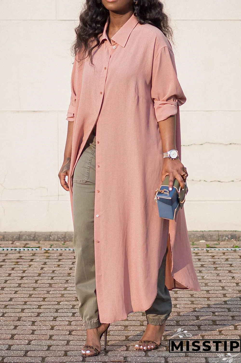 Pink Casual Solid Patchwork Turndown Collar Outerwear