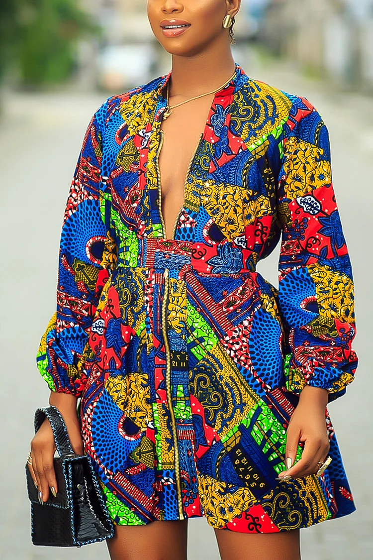 Xpluswear Plus Size Daily Ankara African Print Lantern Sleeve Blue Mini Dress 