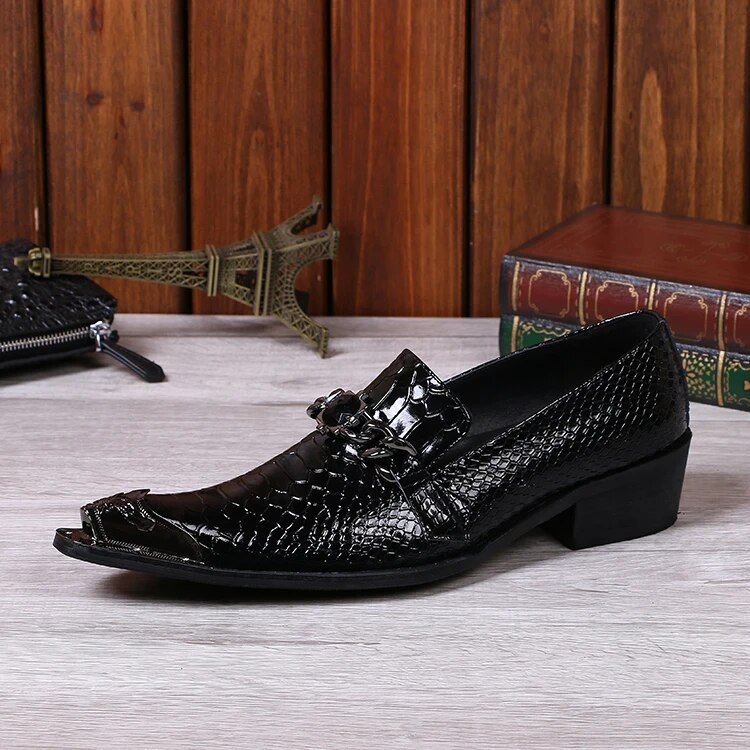 VCSHOES Personalized Male Serpentine Genuine Leather Highten Shoes Big Size Metal Pointed Toe Men's Party Shoes