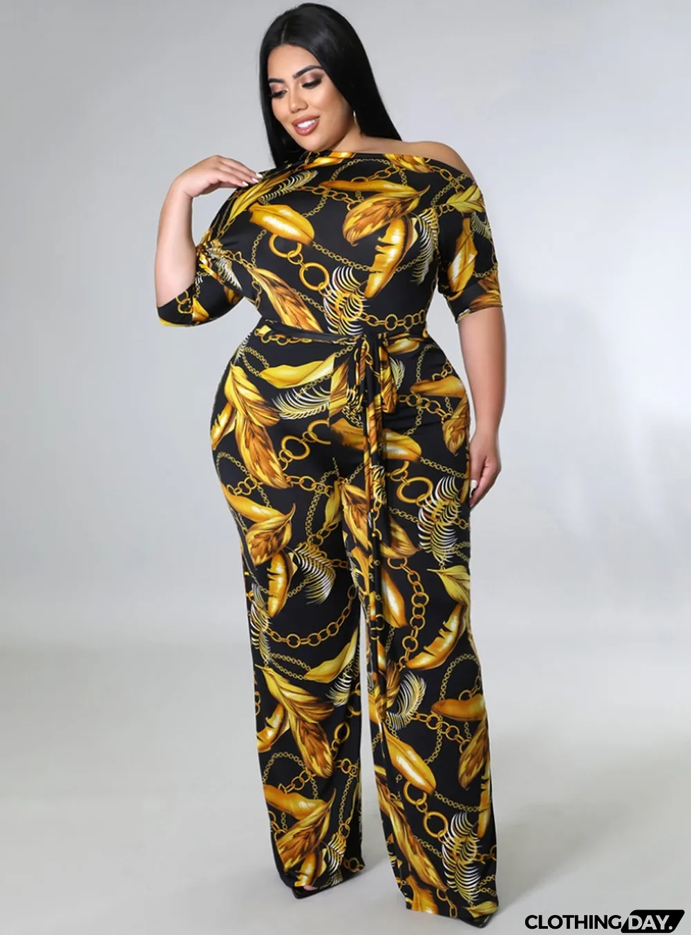 Women Autumn Gold Modest Slash Neck Half Sleeves Print Belted Full Length Loose Plus Size Jumpsuit