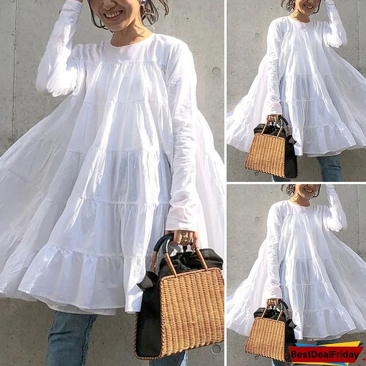Women's Fashion Long Sleeve Holiday Ruffled Mini Dresses Casual Loose Solid Color T-shirt Dress Blouse Tops Kleid S-5XL