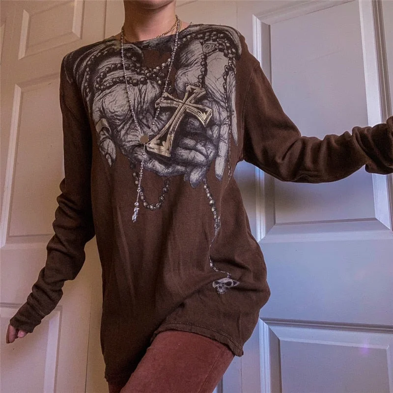 Xingqing Fairycore Grunge Vintage Printed Graphic Long Sleeve T Shirt 90s Aesthetic Pullover Top Autumn Women T-shirt Punk Style