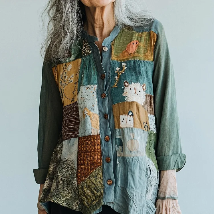 Bohemian Style Patchwork Art Animal Forest Embroidery Linen Long Sleeve Shirt