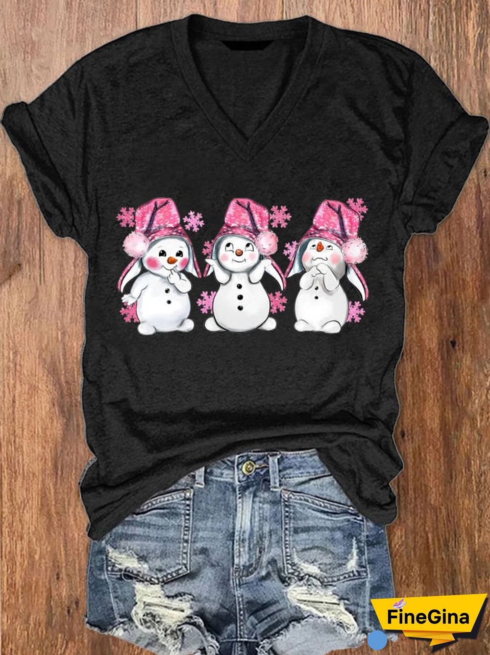 Women's Pink Christmas Snowman Print V-Neck T-Shirt
