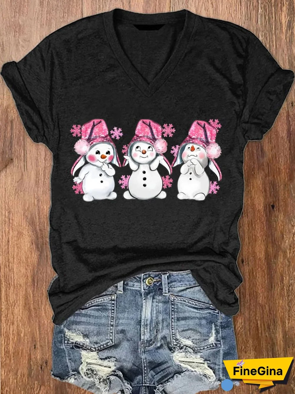 Women's Pink Christmas Snowman Print V-Neck T-Shirt