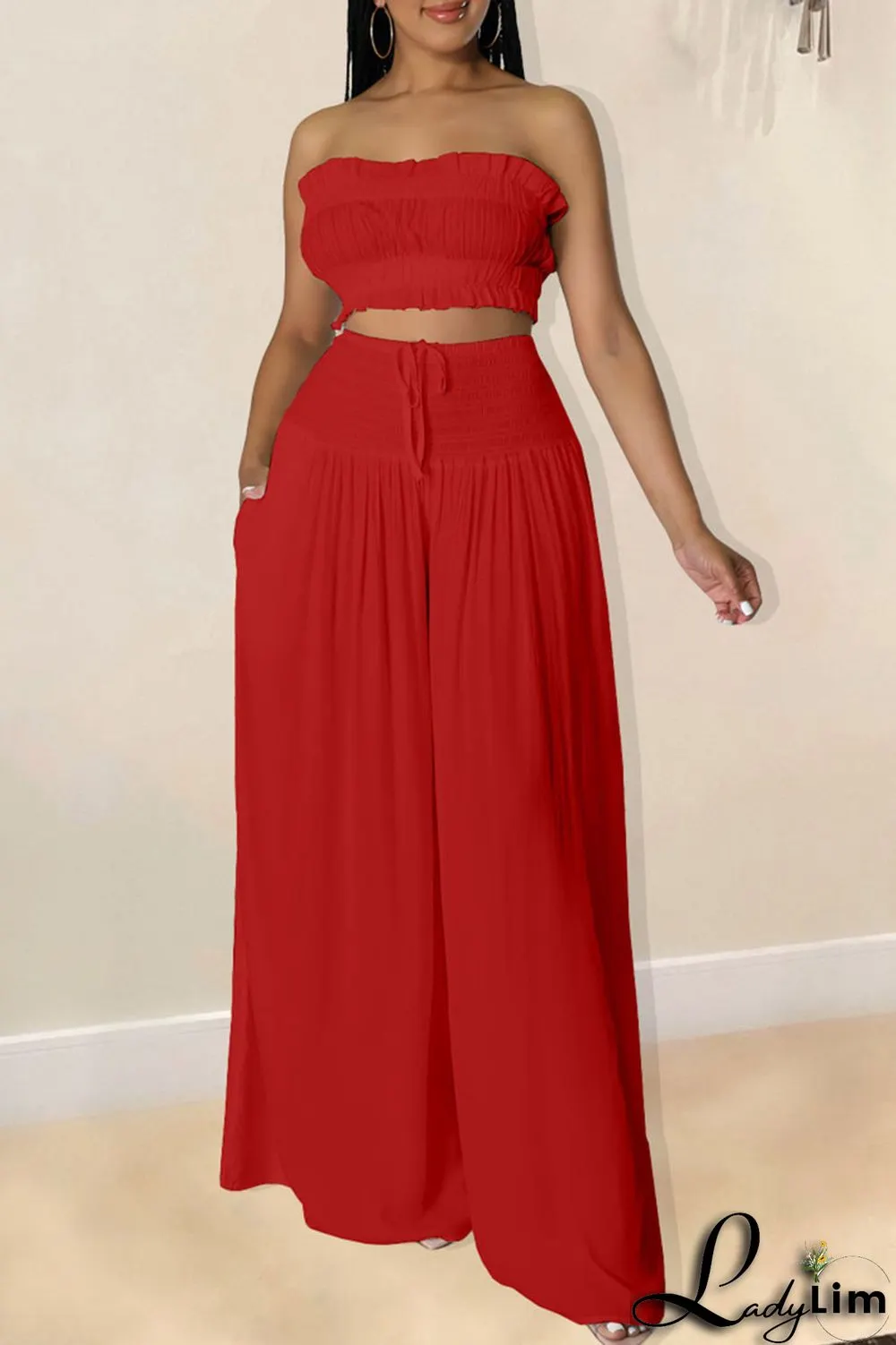 Red Sexy Solid Split Joint Stringy Selvedge Strapless Sleeveless Two Pieces