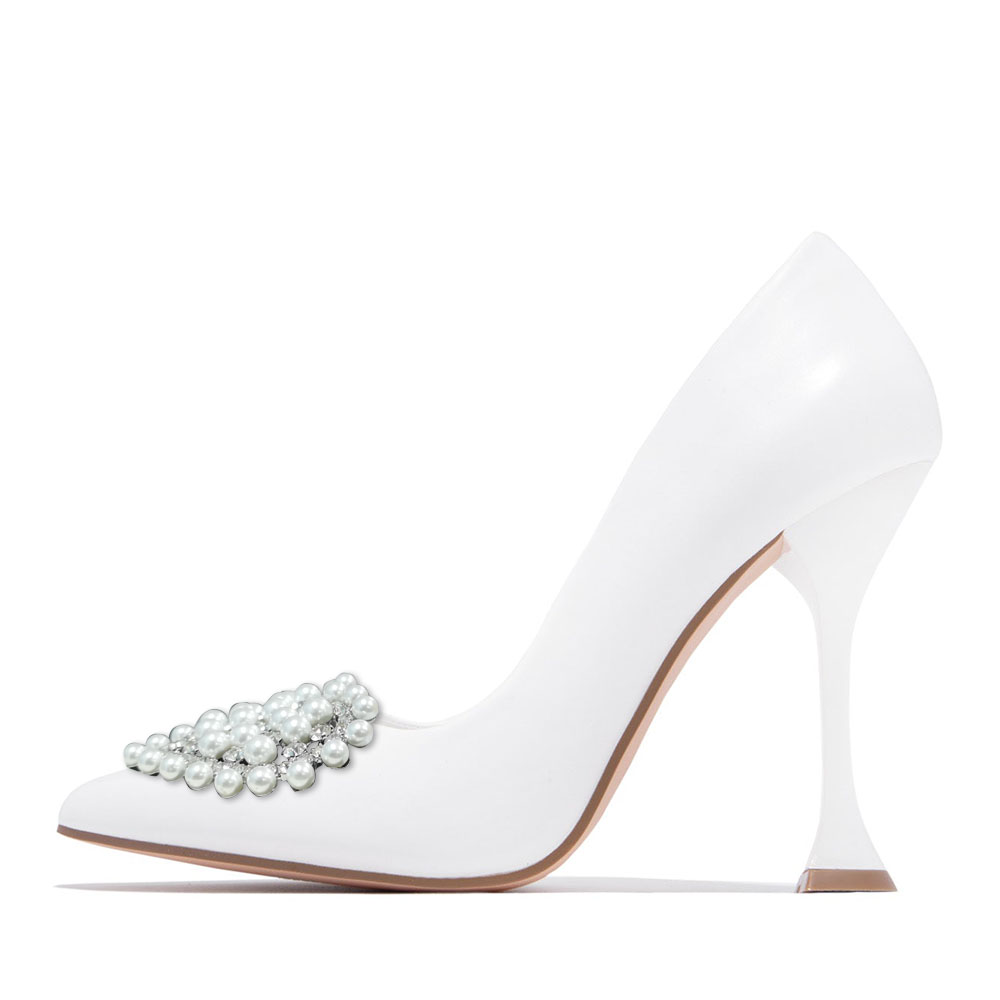White Pearl Decor Almond Toe 4'' Flared Heel Pumps for Party Nicepairs