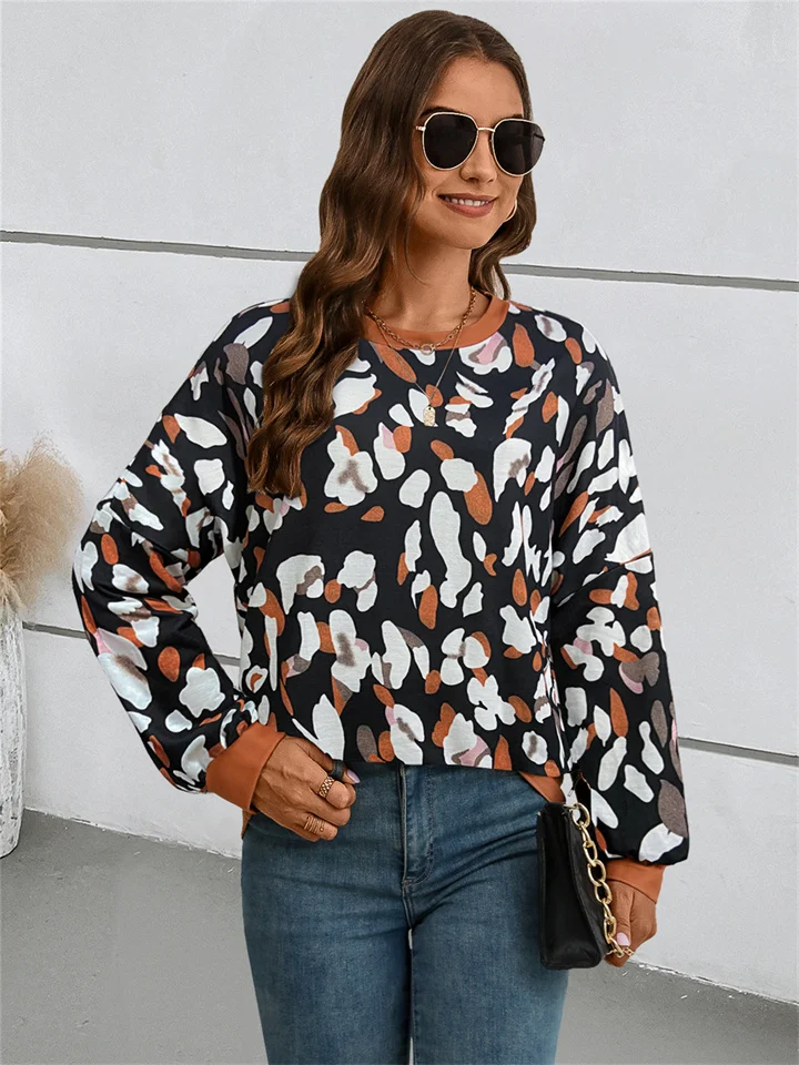 Fall and Winter New Women's Hot Round Neck Drop Shoulder Lantern Sleeve Printed Casual Comfortable Commuter Style Tops