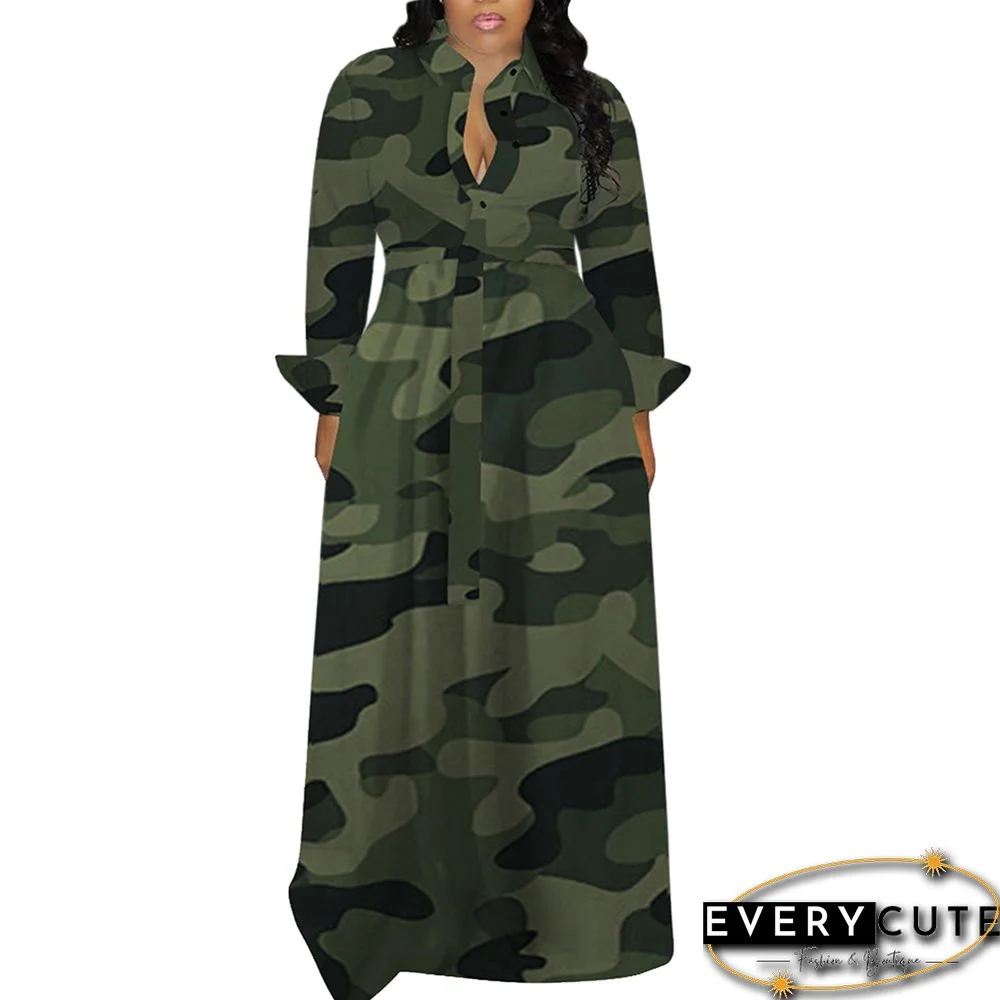 Green Camo Print Buttoned Shirt Plus Size Dress with Tie