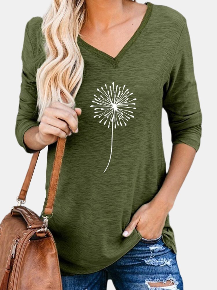 Floral Printed V neck Long Sleeve Casual Women T Shirt P1771094