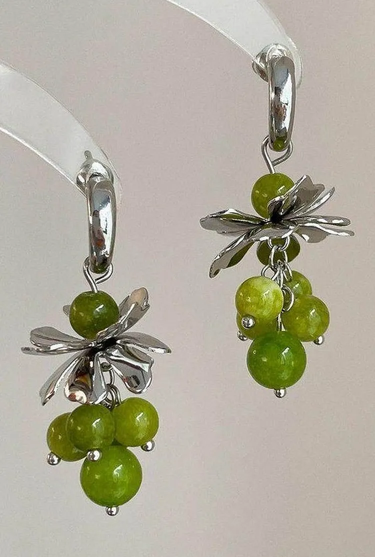 Green Grape Cluster and Floral Dangle Earrings for Spring Summer