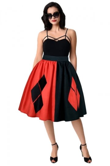 Womens Contrast Color Geometric Pattern Printed Pleated Skirt Black-elleschic