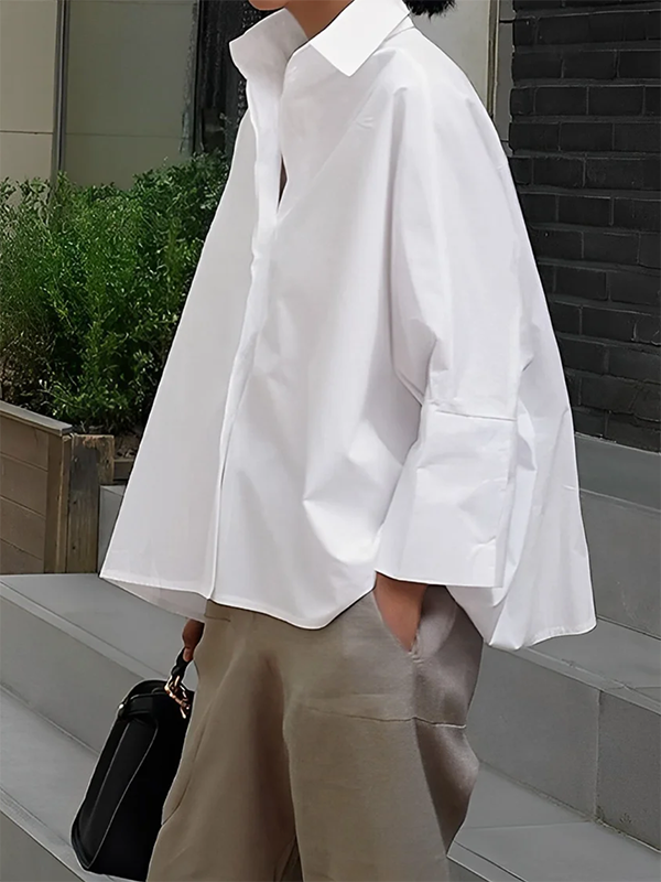 Solid Color Lapel Collar Blouses & Shirts - Long Sleeve Loose Fit Tops
