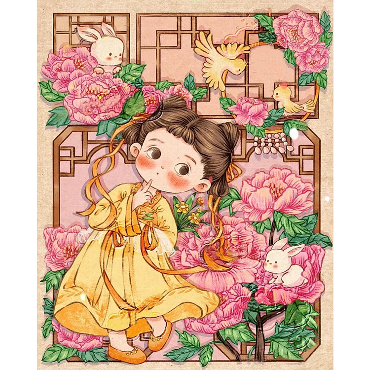 Little Girl With Ancient Style Peony Flower - Printed Cross Stitch 11CT 40*50CM