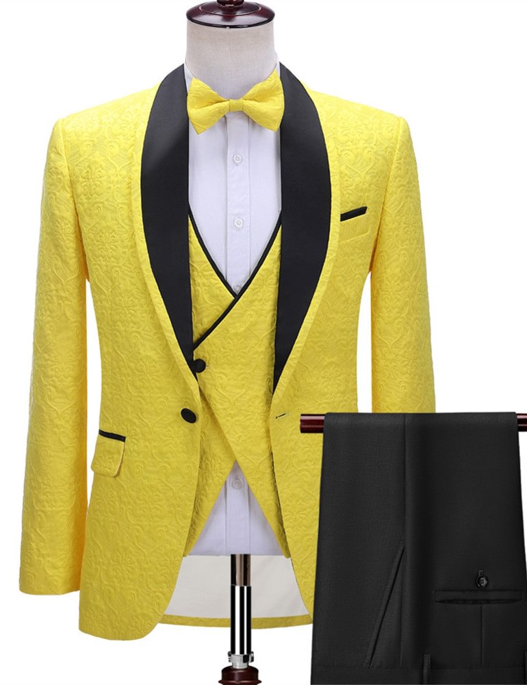 Three-Piece Modest Yellow One Button Wedding Suit For Men With Black Shawl Lapel | Ballbellas Ballbellas