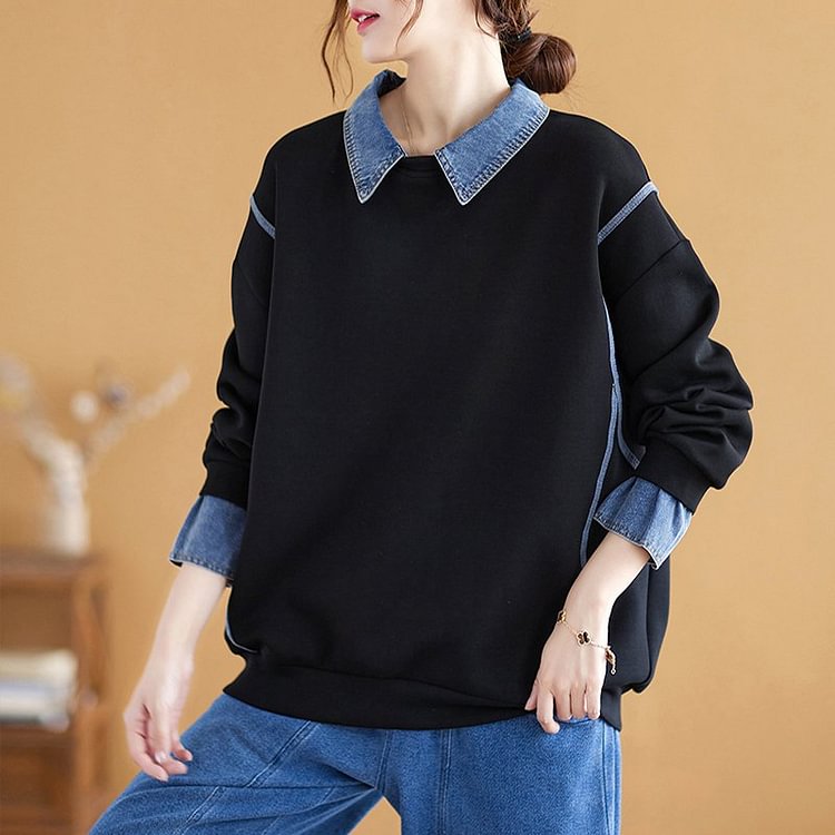 Long Sleeve Paneled Turn-down Collar Casual Solid Sweatshirt