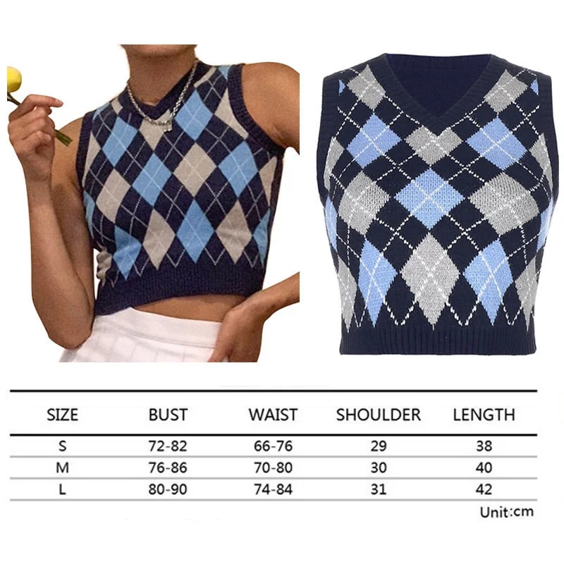 Muyogrt V Neck Vintage Argyle Sweater Vest Women Black Sleeveless Plaid Knitted Crop Sweaters Casual Autumn Preppy Style