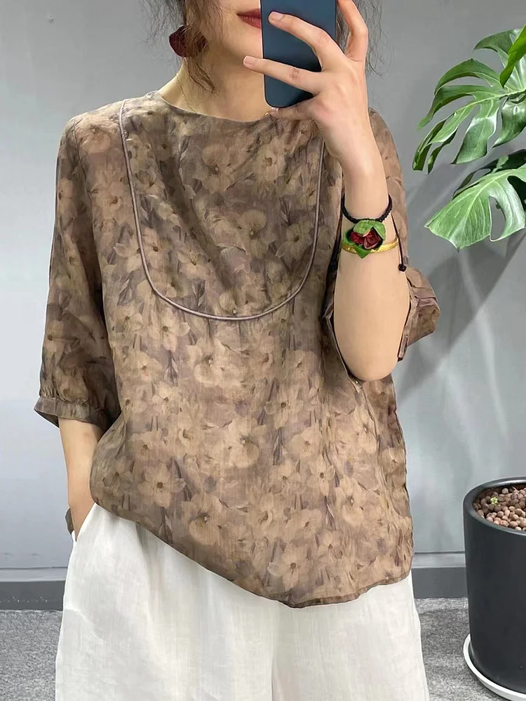 Women Summer Artsy Floral Stitching Loose Shirt