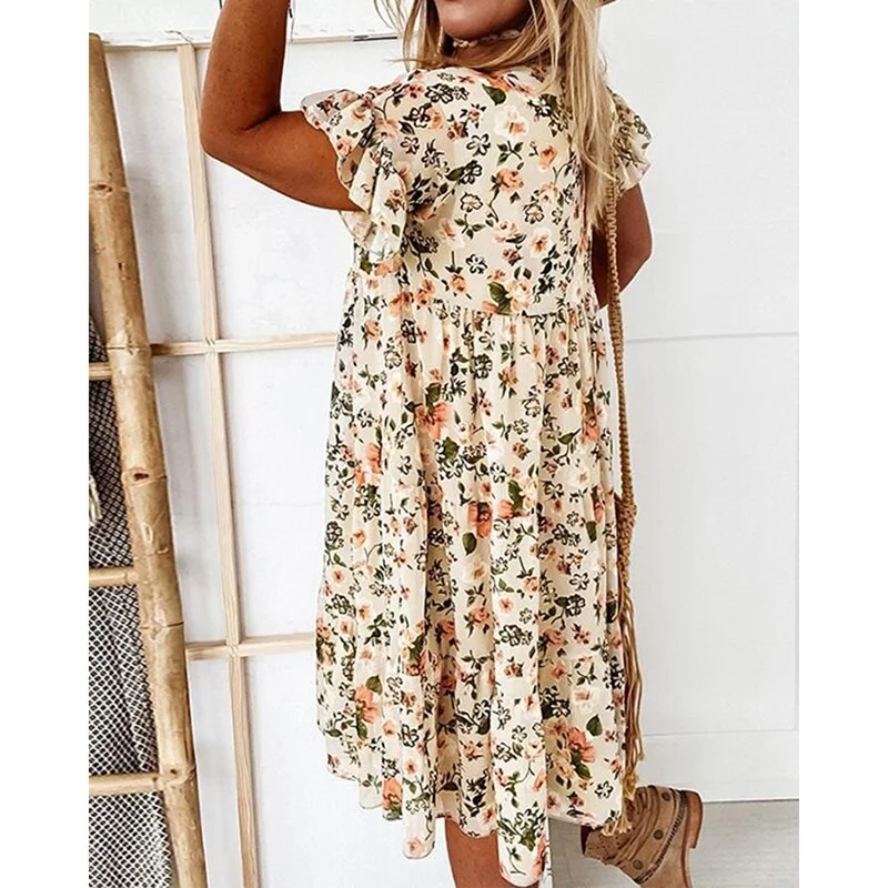 Summer Floral Boho Dress 2021 Elegant Women Bohemian Beach Short Sleeve Ruffles Dress Casual Female Mini Dresses for Women