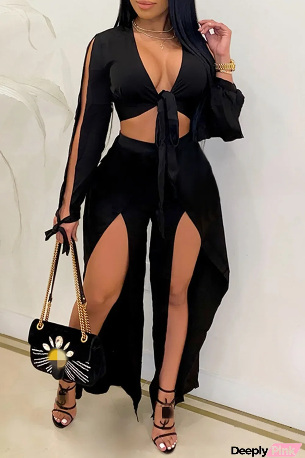 Black Sexy Casual Solid Bandage Slit V Neck Long Sleeve Two Pieces
