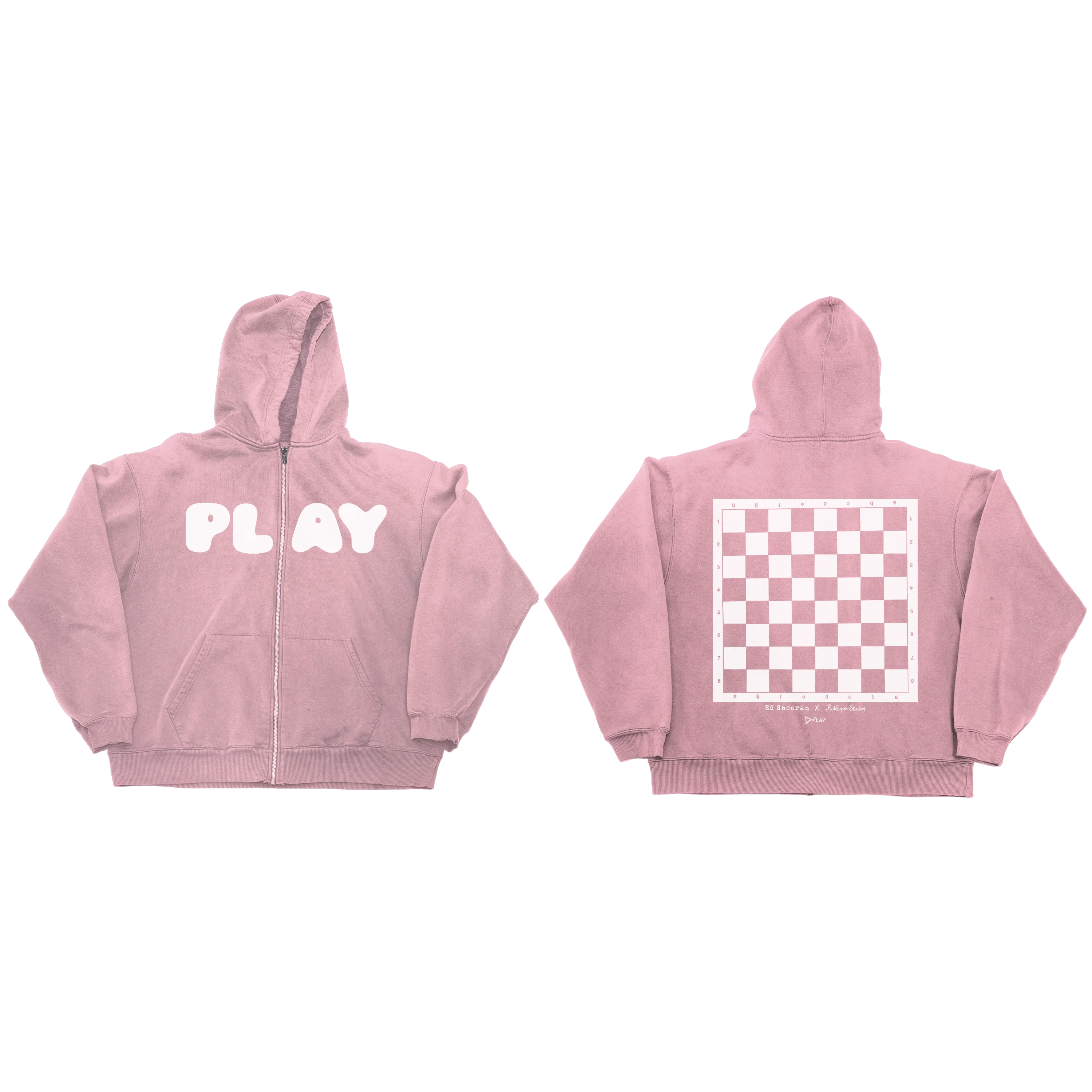 "ed sheeran kidsuper play pink zip hoodie front and back artwork"