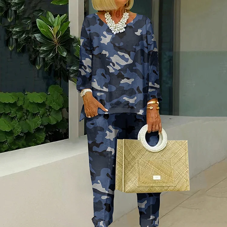 Casual Camo Print Crew Neck Two Piece Set
