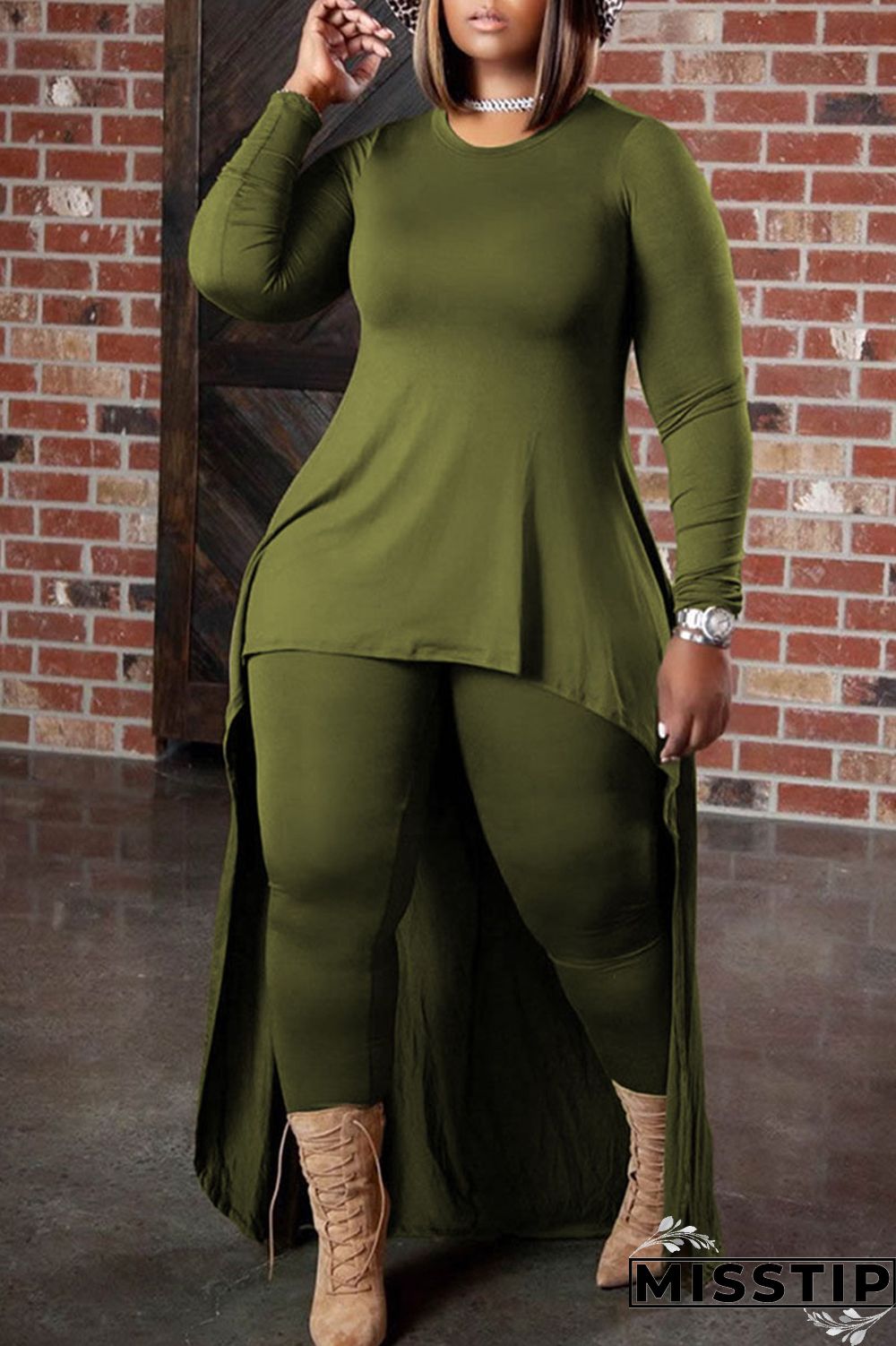 Black Casual Solid Patchwork Asymmetrical O Neck Plus Size Two Pieces