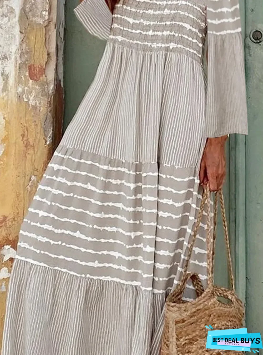 Fashion Stripe Print Off-Shoulder Maxi Dress Women