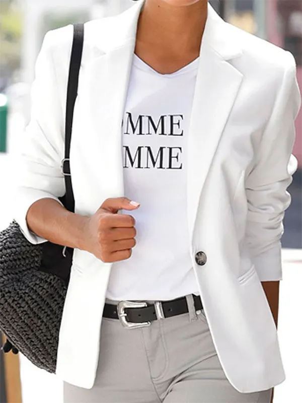 Casual Plain Autumn Polyester Natural Daily Standard Lapel Collar Regular Blazer for Women