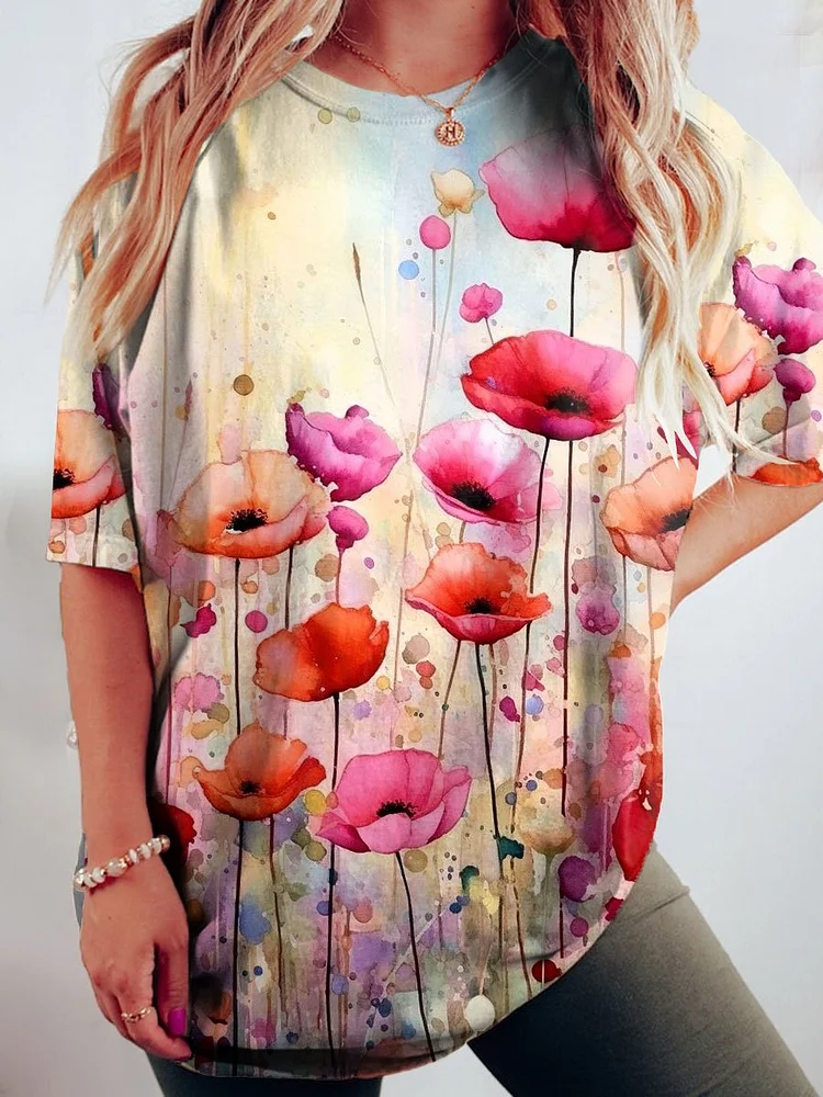 Women's Flower Art Print Crew Neck Causl Shirt