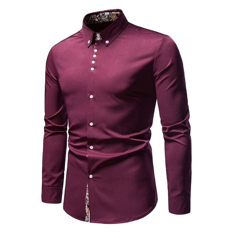 BrosWear Men's Fashion Slim Floral Trim Long Sleeve Shirt