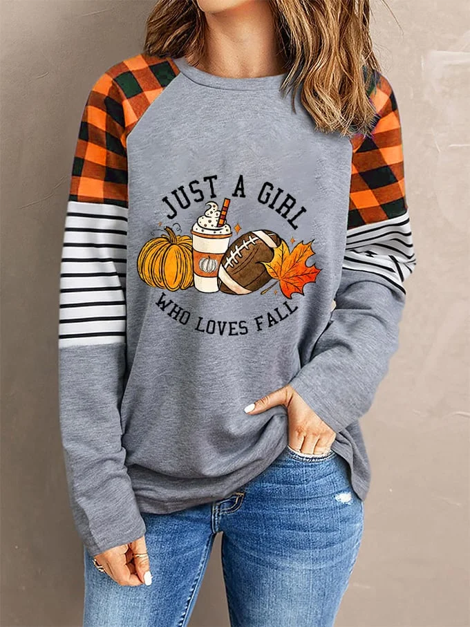 Women's Just A Girl Who Loves Fall Pumpkin Football Maple Leaf Autumn Print T-Shirt socialshop