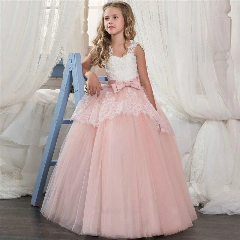 Pink Kids Dresses For Girls Tulle Lace Flower Girl Dress Party Bridesmaid Dress Children Princess Costume Wedding Clothing 6 14Y
