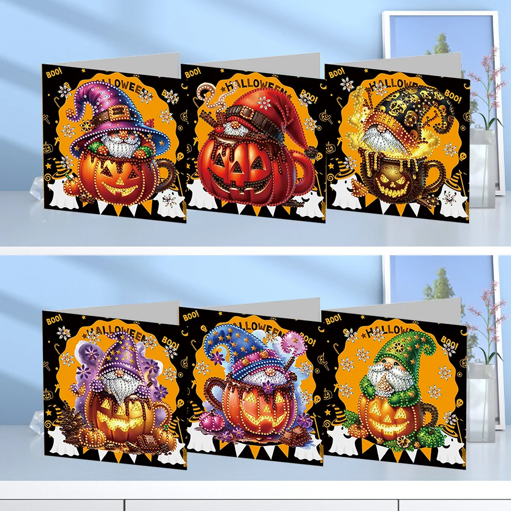 6pcs DIY Halloween Pumpkin Gnome Special Shape Diamond Painting Greeting Card Kit【With White Envelope】
