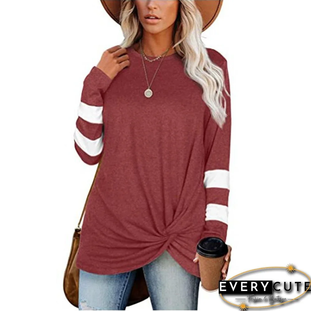 Wine Red Front Twisted Striped Long Sleeve Top