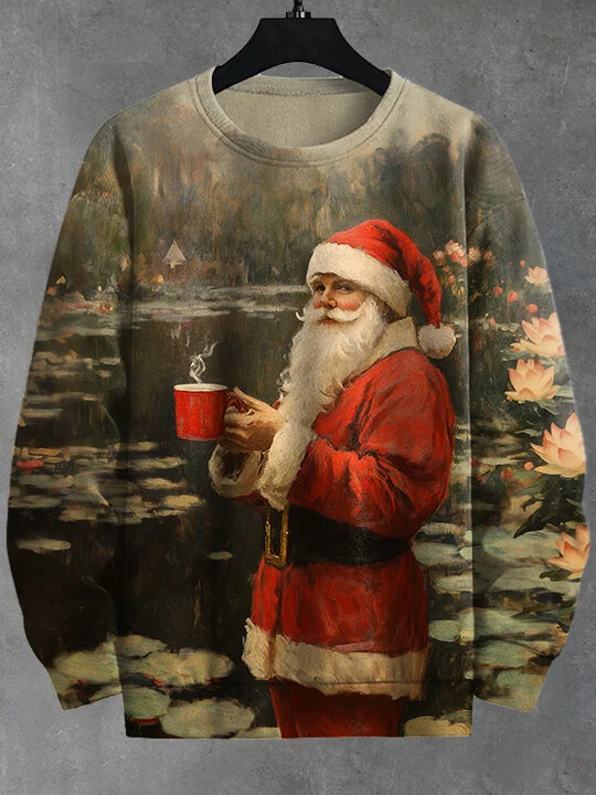 Men's Claude Monet Artwork Santa Drinks Coffee Print Casual Sweatshirt