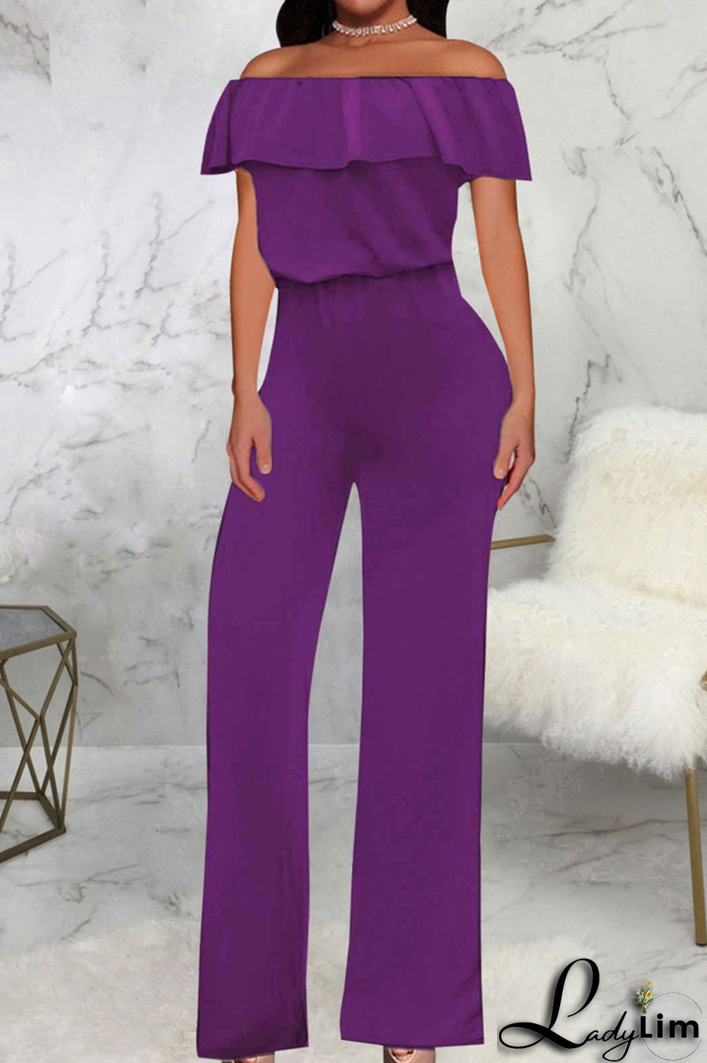 Grey Casual Solid Patchwork Flounce Off the Shoulder Straight Jumpsuits