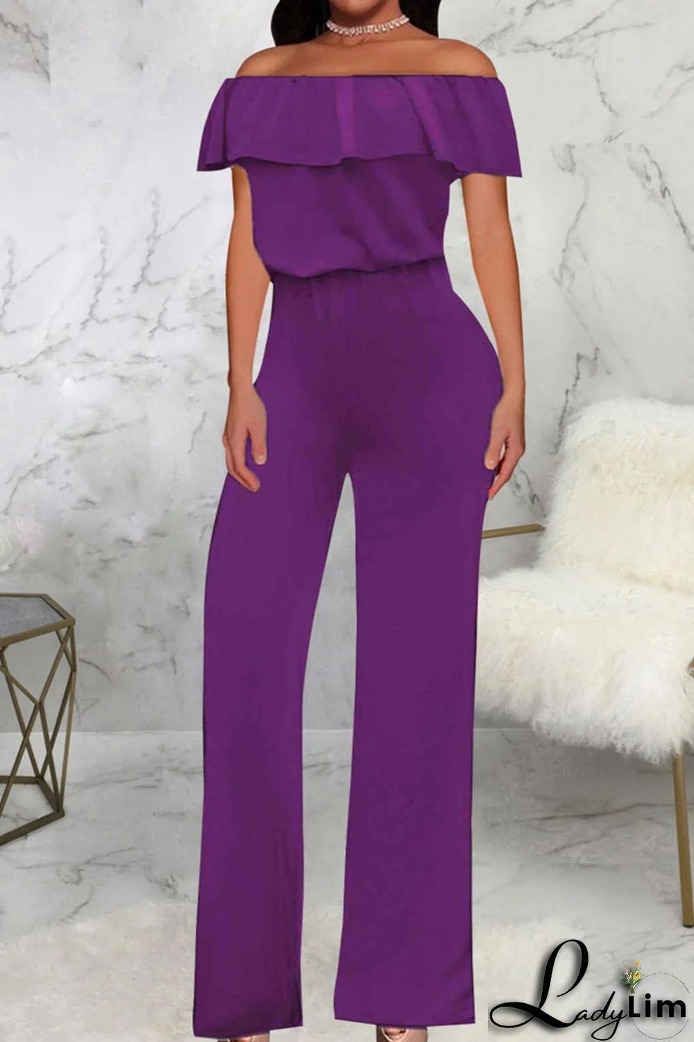 Grey Casual Solid Patchwork Flounce Off the Shoulder Straight Jumpsuits