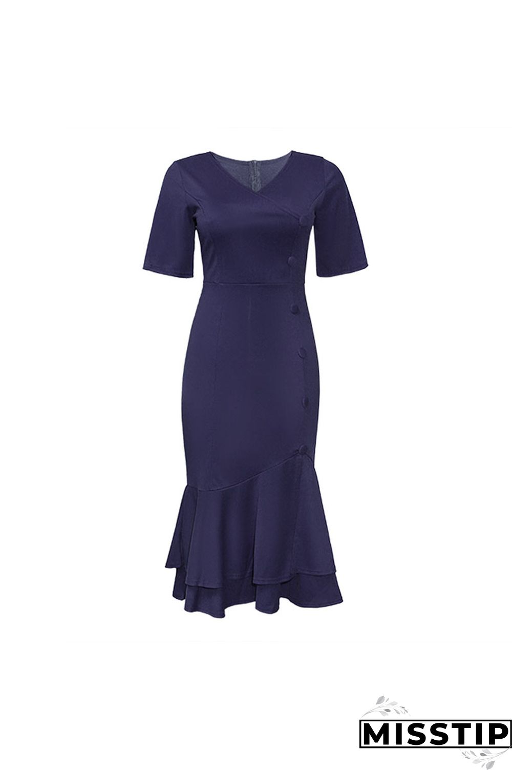 Dark Blue Fashion Slim V-neck Ruffled Dress