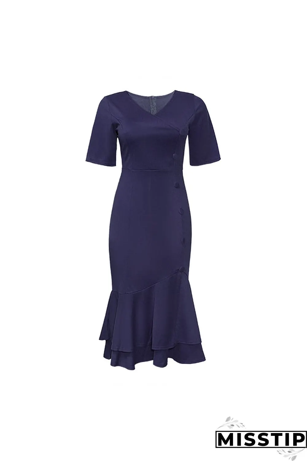 Dark Blue Fashion Slim V-neck Ruffled Dress
