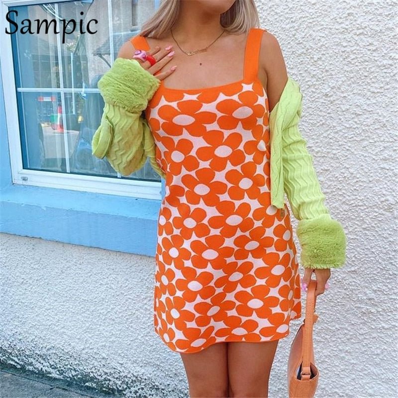 Sampic Orange Floral Print Casual Beach Knitted Y2K Strap Summer 2021 Sexy Women Mini Dress Wrap Party Fashion Bodycon Dress