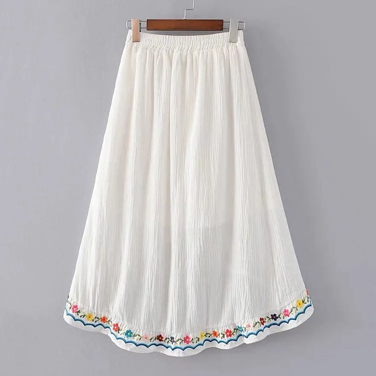 Women's Ethnic Floral Embroidered Linen Skirt