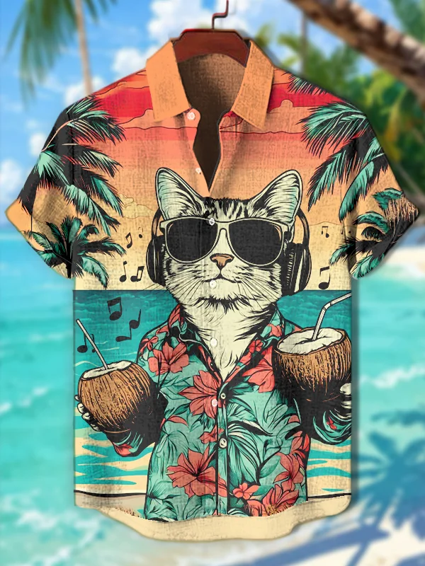 Men's Vacation Style Cat Listening To Music Print Short Sleeve Shirt