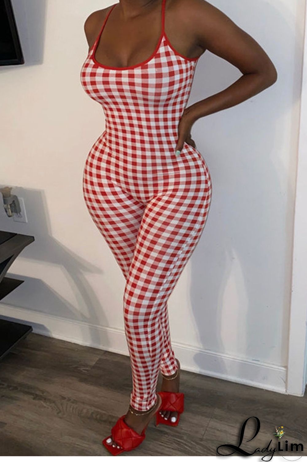 Red Sexy Plaid Print Split Joint Spaghetti Strap Regular Jumpsuits